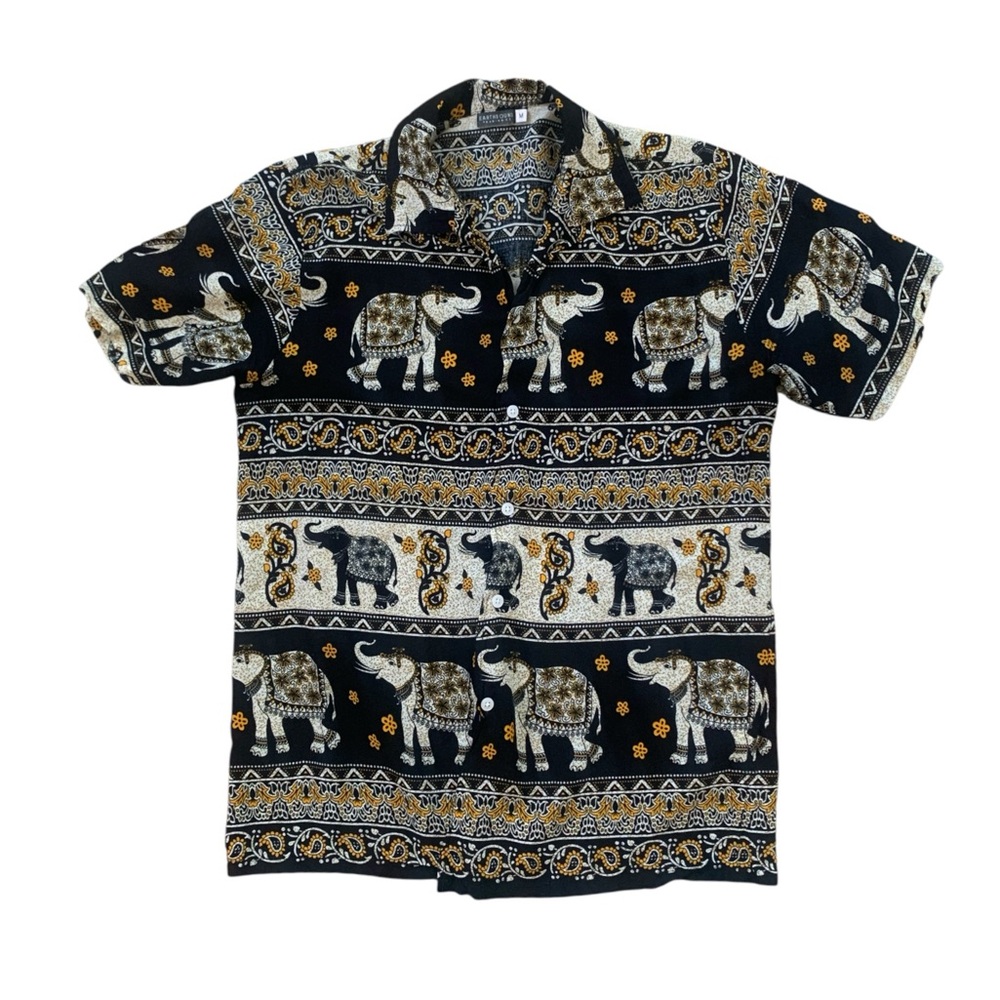 EARTHBOUND Black White and Gold Elephant Print Button-Down Shirt